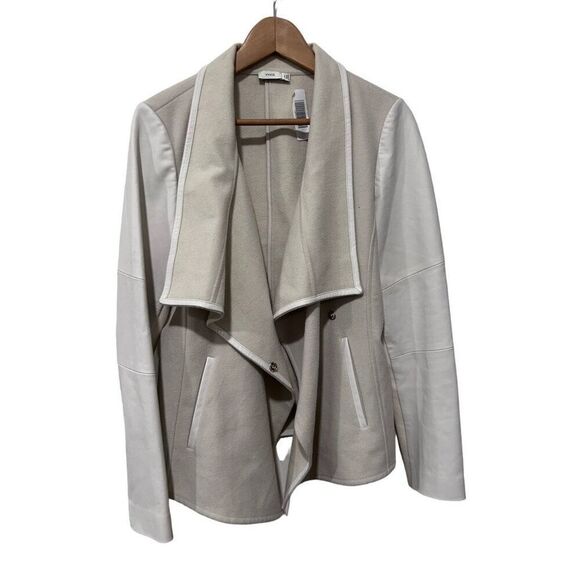 Vince Leather Trim Wool Blend Cream & Tan Open Front Drape Blazer Jacket Medium - Picture 1 of 10